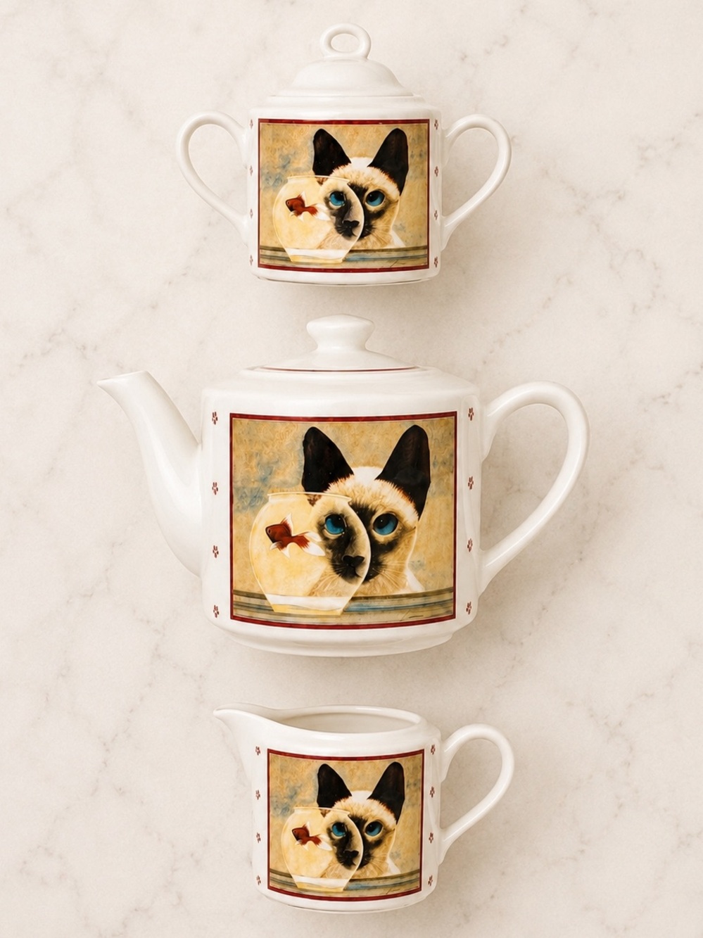 Vintage 1986 Vandor Lowell Herrero Siamese Cat & Fish Bowl Tea Set 3 Pieces